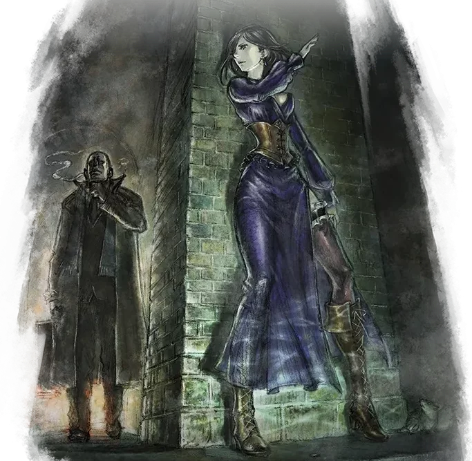 Throné slipping past a man in a dark alley, from Octopath Traveler II